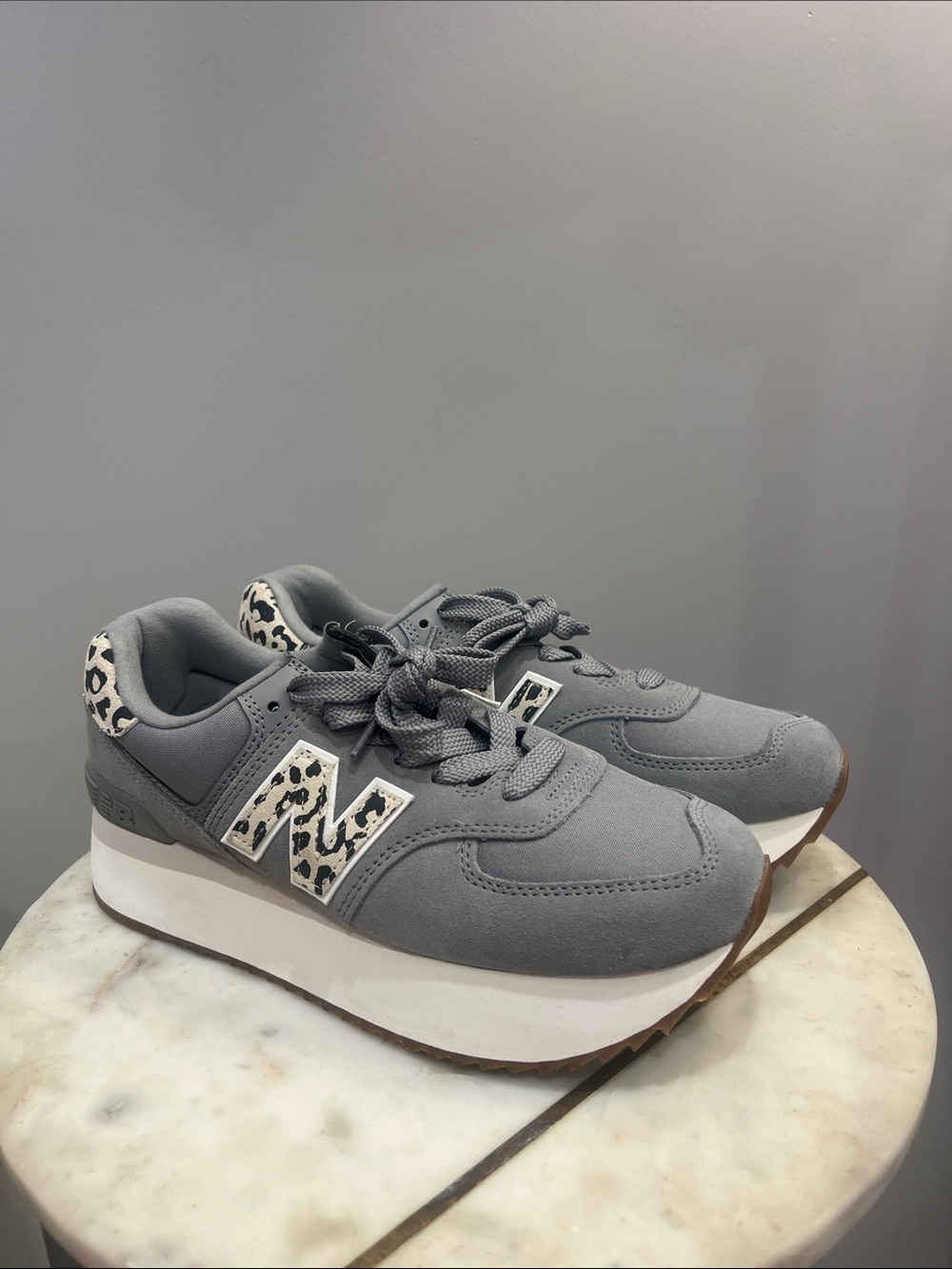 New Balance Gray Women's Platform Sneakers with Leopard Accent 9.5